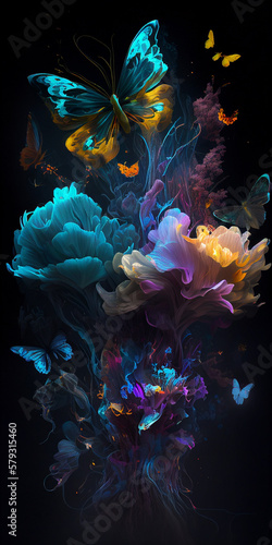 Magical colorful flowers butterflies. AI Generated illustration