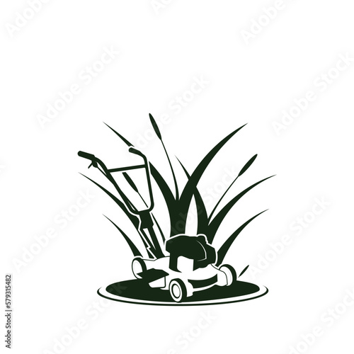 Lawn mower and grass logo design