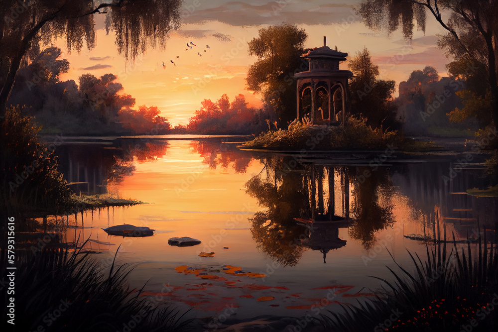 Fototapeta premium Beautiful old city park in the rays of sunset light and burning lights. AI generated