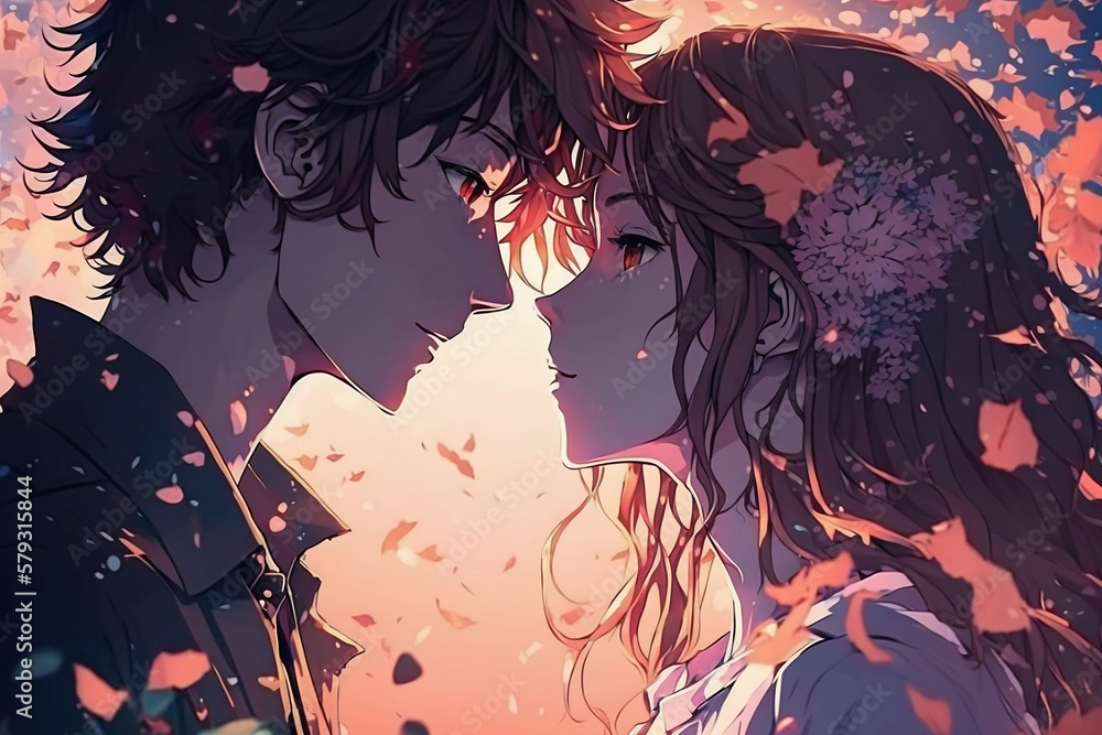 Starry Night Romance: Anime Couple Sharing a Kiss Under the Open Sky, Anime  Digital Art illustration for background wallpaper. Generative AI Stock  Illustration