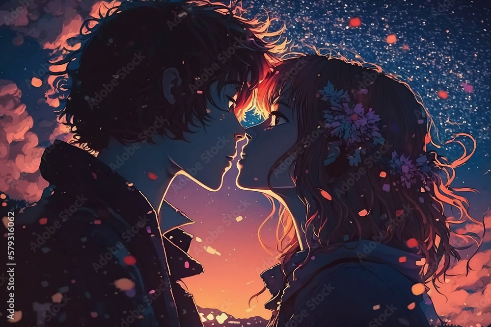 Premium AI Image  Anime couple kissing each other with hearts in the  background generative ai