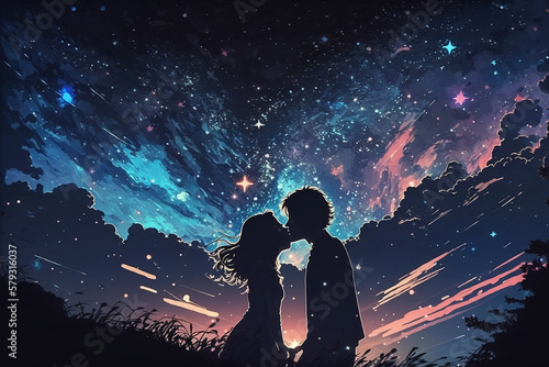 Starry Kiss: Romantic Anime Couple under the Open Sky. Generative AI