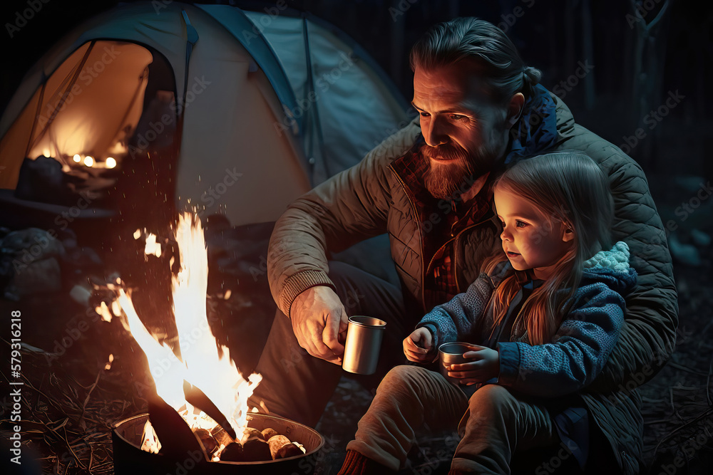 AI generated illustration of father and his child in the mountains, hiking and camping AI generated illustration of father and his child in the mountains, hiking and camping