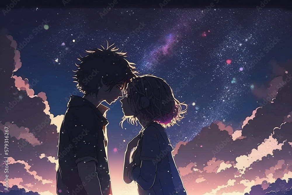 Starry Night Romance: Anime Couple Sharing a Kiss Under the Open Sky ...