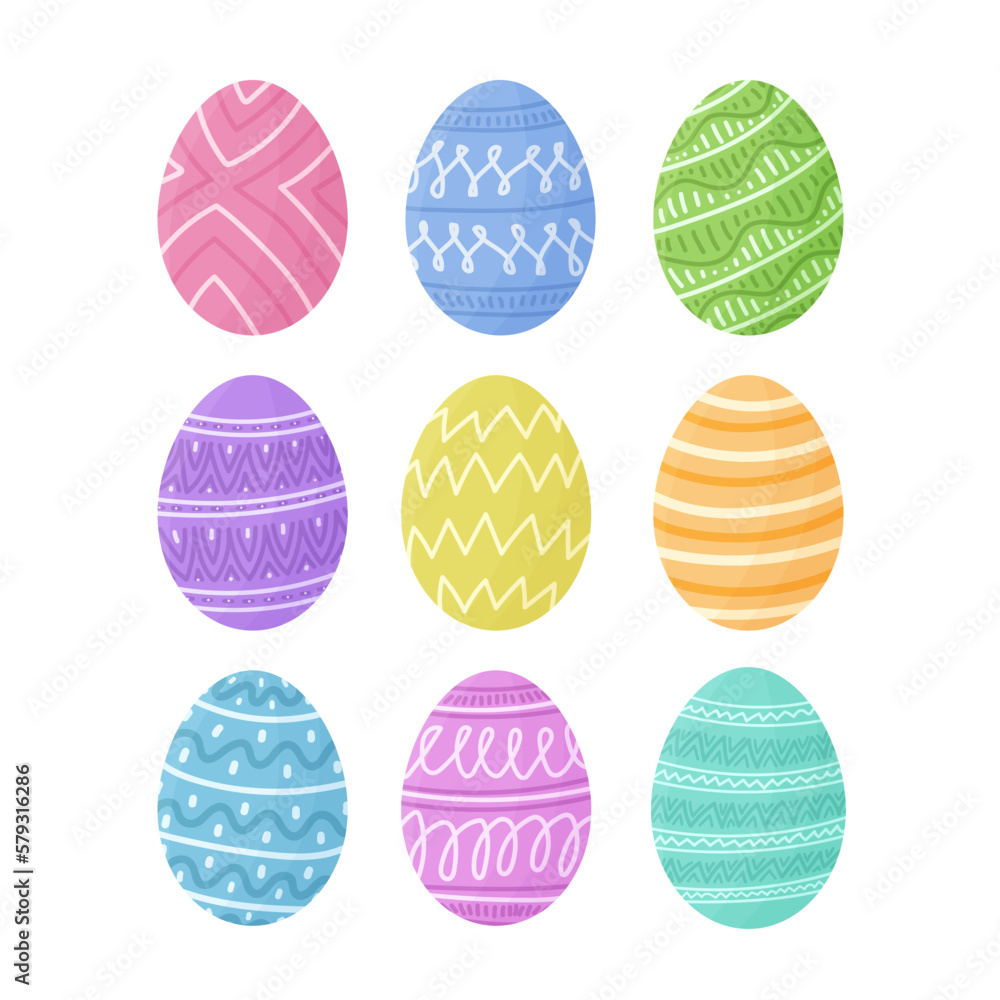 Set of colorful paint Easter eggs isolated on white. Traditional hand drawn ornament Easter eggs, cute pastel color painted eggs decor element, happy spring holiday egg hunt vector illustration. Set of colorful paint Easter eggs isolated on white. Traditional hand drawn ornament Easter eggs, cute pastel color painted eggs decor element, happy spring holiday egg hunt vector illustration.