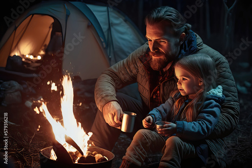 AI generated illustration of father and his child in the mountains, hiking and camping