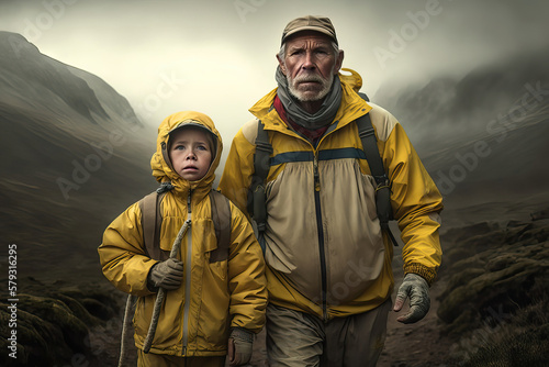 AI generated illustration of father and his child in the mountains, hiking and camping