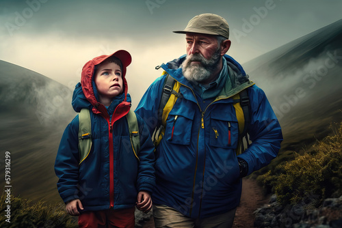 Wallpaper Mural AI generated illustration of father and his child in the mountains, hiking and camping Torontodigital.ca
