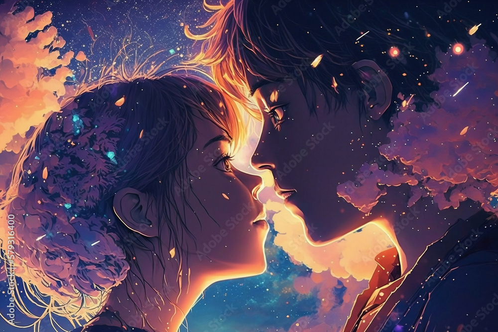 Starry Night Romance Anime Couple Sharing a Kiss Under the Open Sky