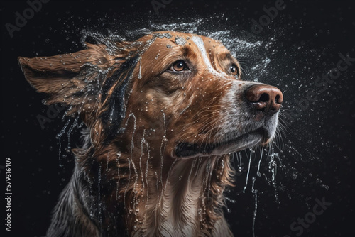 Wet dog head shaking off water while shaking his head. Dog shaking his head and splashing water all over. Ai generated