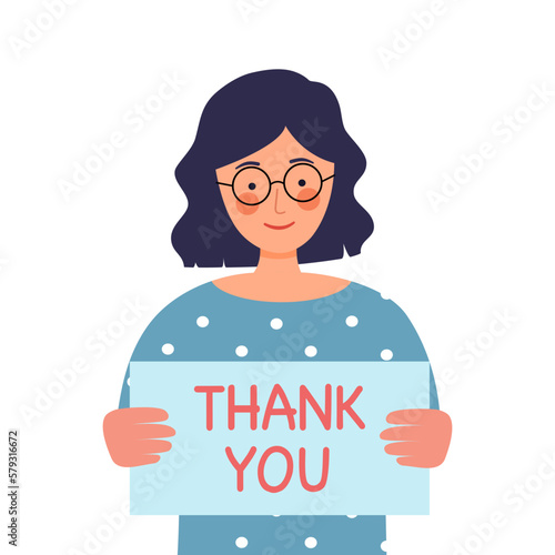 Cute woman holding thank you sign in flat design on white background.