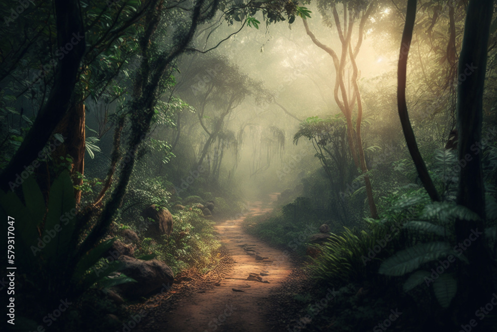 Fototapeta premium Path Trail on a luxuriant tropical Jungle forest with beautiful morning lighting. Forest trail in the Jungle. Ai generated
