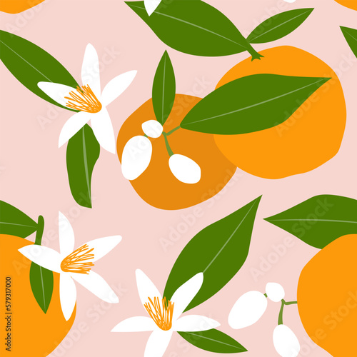 Blossoming of oranges. Citrus tropical fruits on a pink background with green leaves create a cute seamless pattern for printing on fabrics. Vector.