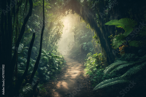 Path Trail on a luxuriant tropical Jungle forest with beautiful morning lighting. Forest trail in the Jungle. Ai generated