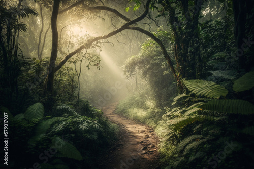 Path Trail on a luxuriant tropical Jungle forest with beautiful morning lighting. Forest trail in the Jungle. Ai generated