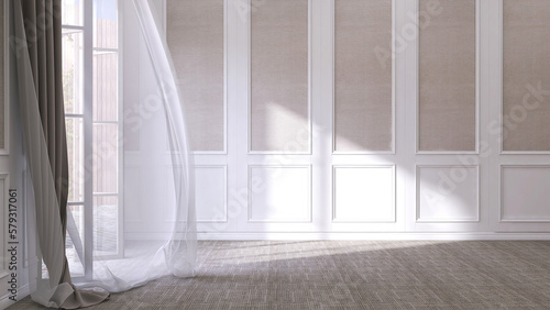 Empty luxury white wainscot wall room, folding glass panel door to backyard, blowing sheer curtain on carpet floor in sunlight, shadow for interior decoration, home appliance product background 3D photo