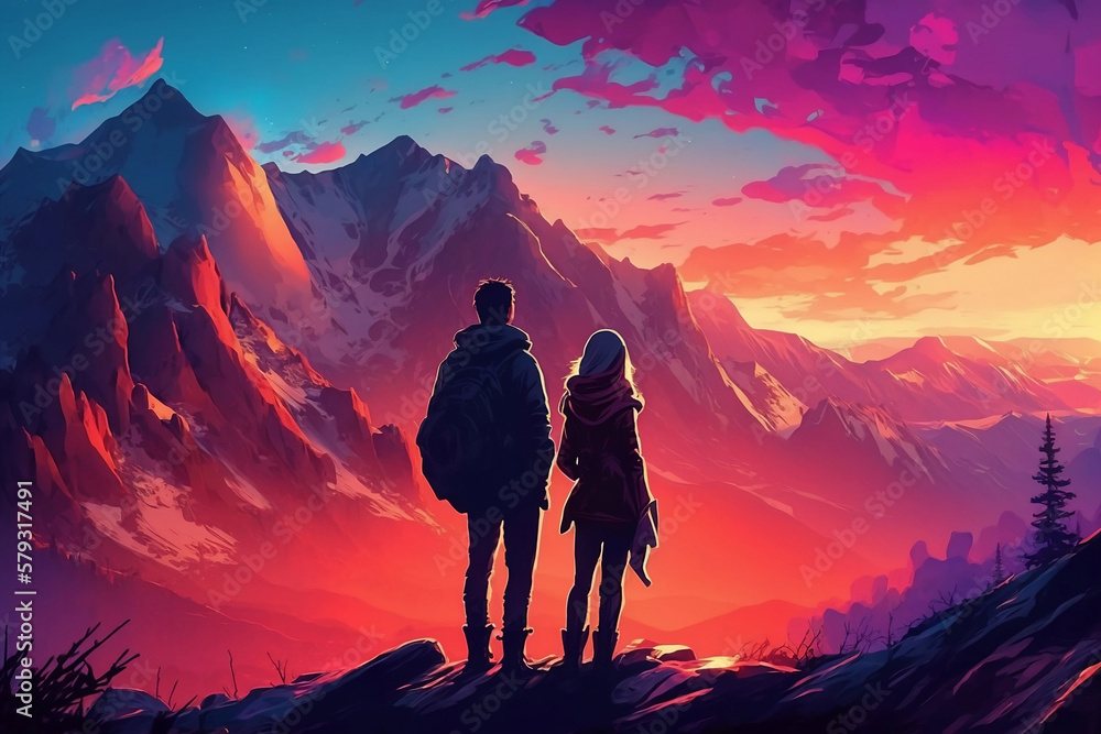 Mountain Romance: Anime Couple Watching Sunset, Anime Digital Art illustration for background wallpaper. Generative AI