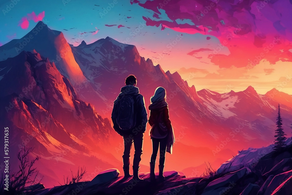 Mountain Top Romance: Anime Couple Watching Sunset Together, Anime Digital Art illustration for background wallpaper. Generative AI
