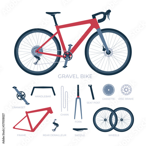 Gravel bike with a set of named parts. Road, cyclocross bicycle with elements collection. Vector realistic isolated illustration in flat style
