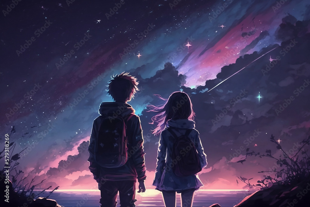 Download Anime Couple Kiss Under Starry Night Sky Wallpaper