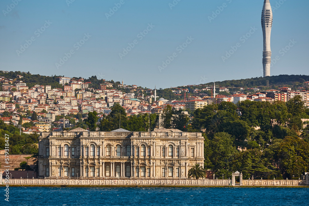 Beylerbeyi Palace, comunication tower and Bosphorus strait. Istanbul, Turkey