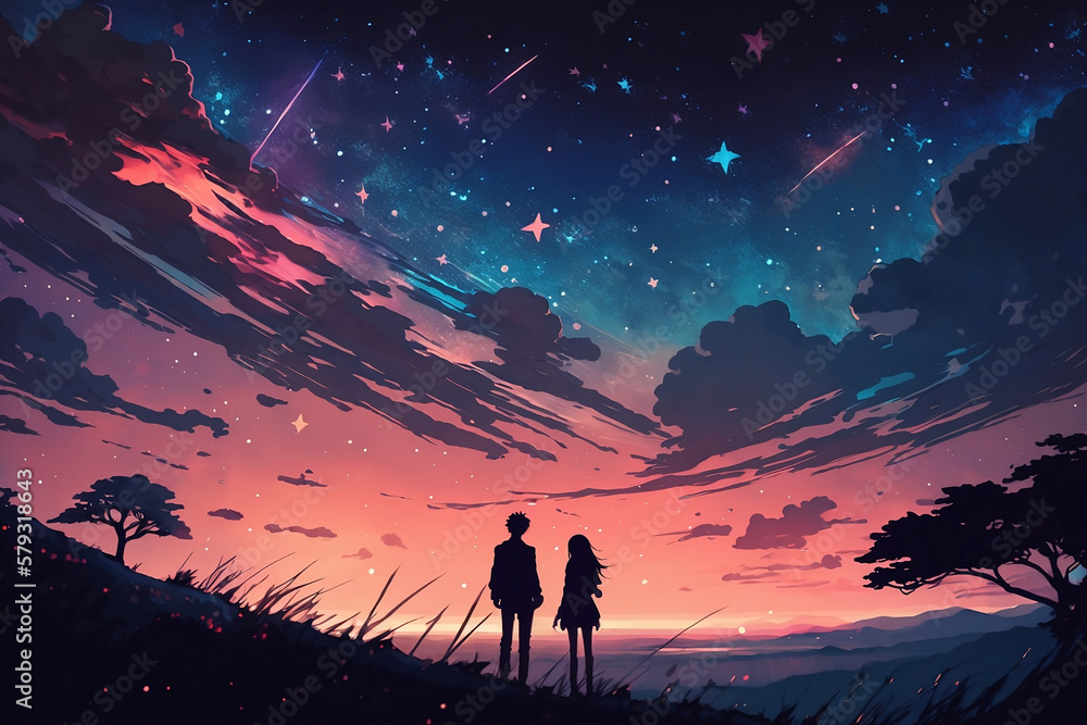 Starlit Romance: Anime Couple Gazing at the Night Sky, Anime Digital Art illustration for background wallpaper. Generative AI