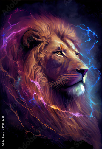Poster Electric lion head. AI render