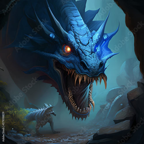 Dragon bleu effrayant dans une grotte © Yassin