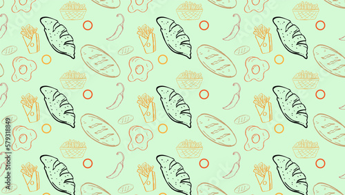 Background Junk Food Related Seamless Pattern. Editable Stroke Fast Food Line Art of hamburger, pizza, hot dog, beverage, cheeseburger. Restaurant menu background, tasty unhealthy lunch.