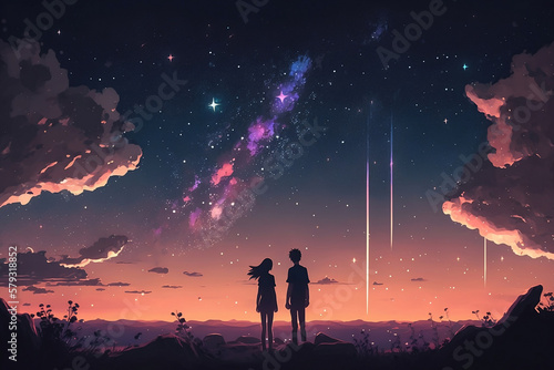 Romantic Anime Couple Stargazing: Watching the Night Sky Together, Anime Digital Art illustration for background wallpaper. Generative AI