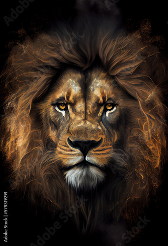 Hot burning lion head poster. AI render.