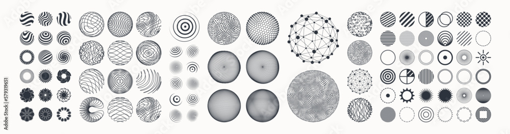 Collection of different graphic elements for design. Icon set. Spheres with lines and dots. Wifi sound signal connection or sound radio wave. 3D geometric striped rounded shape for web, mobile or ui. - obrazy, fototapety, plakaty 