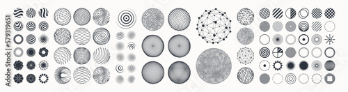 Collection of different graphic elements for design. Icon set. Spheres with lines and dots. Wifi sound signal connection or sound radio wave. 3D geometric striped rounded shape for web, mobile or ui.