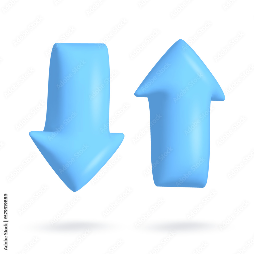 Vector 3d icon isolated on white background. Up and down blue arrows with shadow. Uploading and downloading information. Vector illustration for postcard, banner, web, design, arts. Vector 3d icon isolated on white background. Up and down blue arrows with shadow. Uploading and downloading information. Vector illustration for postcard, banner, web, design, arts.