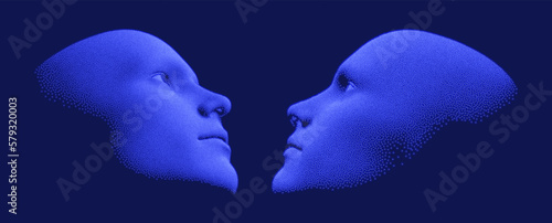 Two faces are looking at something. Technology and robotics concept. Design for business presentations, flyers or posters. 3D vector illustration.