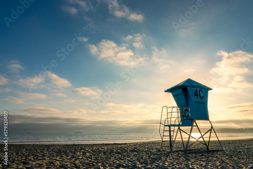 Lifeguard tower on Coronado beach at sunset in San Diego, California