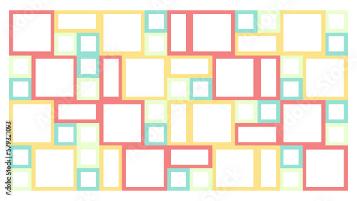 Background with a collection of squares and rectangles of various sizes neatly arranged in pastel colors of yellow, red and light green Tosca. 