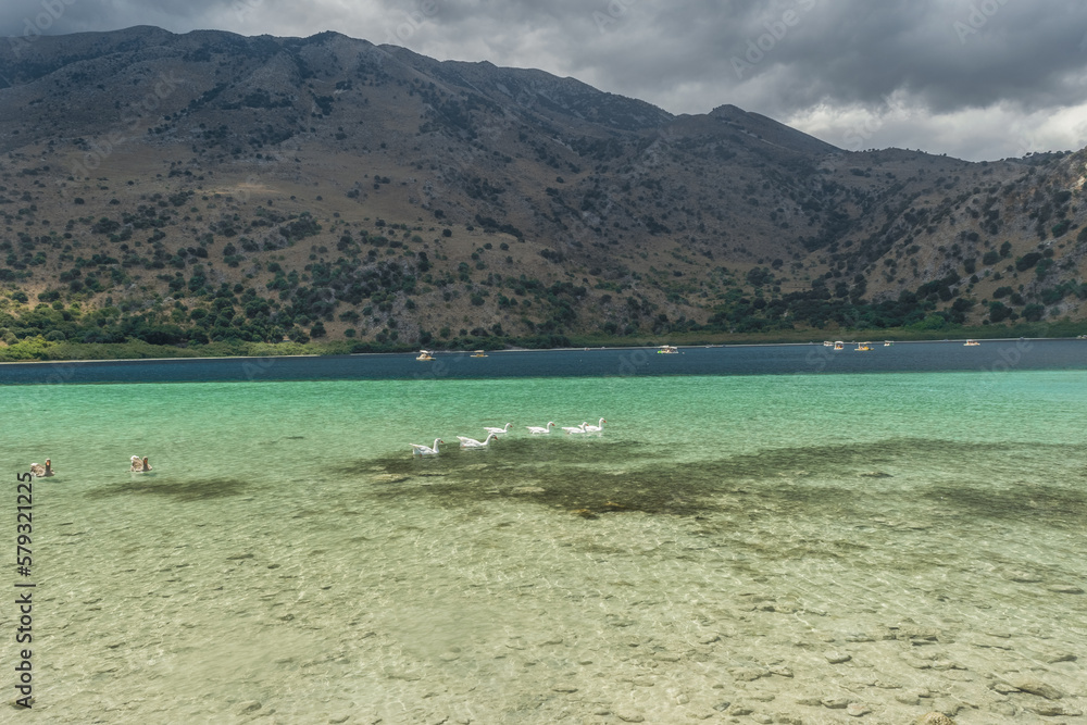 Landscape of the turquoise Kournas Lake with ducks, Crete, Greece
