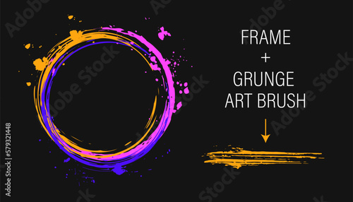 Set of design elements, circular frame, grunge art brush. Circle with copy spase, paint brush strokes, spattered paint of neon bright colors. Virtual surreal clip art