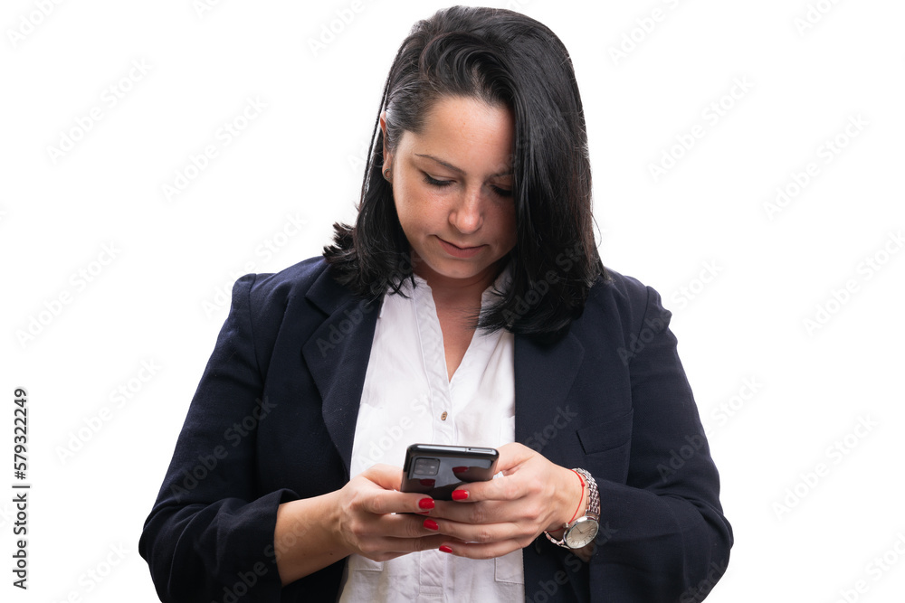 Adult businesswoman looking at phone while sending text message Adult businesswoman looking at phone while sending text message