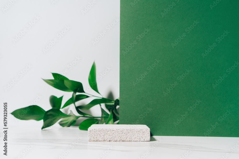 Natural cosmetics beauty product presentation scene made with green leaves and pumice stone pedestal, front view. Natural cosmetics beauty product presentation scene made with green leaves and pumice stone pedestal, front view.