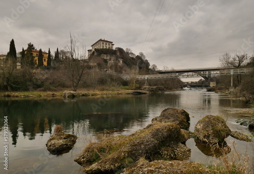  Adda river in Crespi (Bergamo) at the evening, Lombardy, Italy