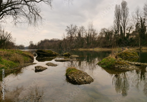  Adda river in Crespi (Bergamo) at the evening, Lombardy, Italy