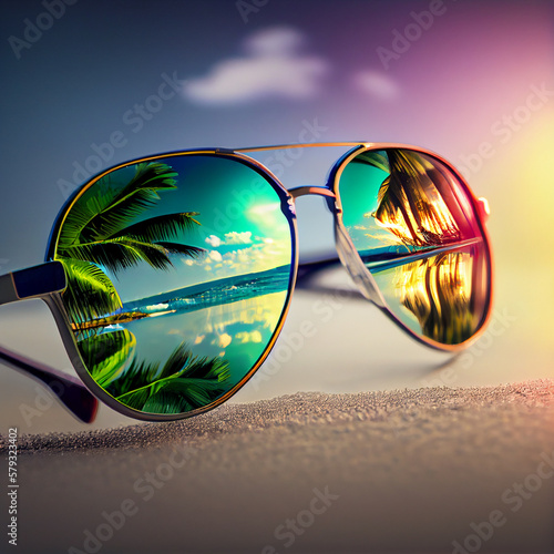 sunglasses lie on the sandy beach of Bali
