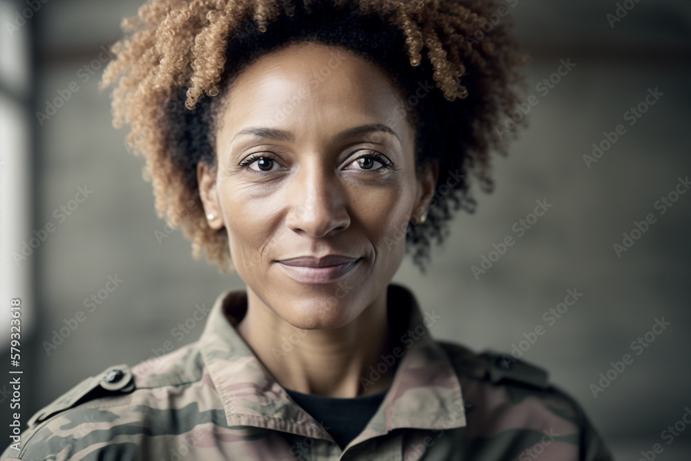 Generative ai portrait black woman soldier posing looking camera smiling Generative ai portrait black woman soldier posing looking camera smiling