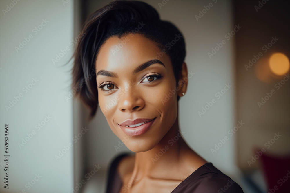 Generative ai cheerful black woman with curly hair posing smiling Generative ai cheerful black woman with curly hair posing smiling