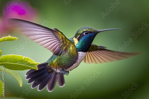 Hovering with his tail outstretched and background vegetation blurred is a Black throated Mango hummingbird. Generative AI