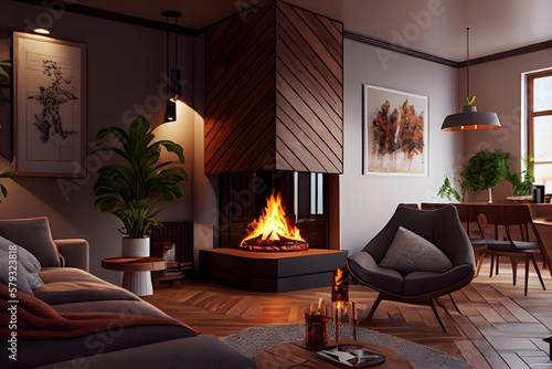 Corner living room design with wooden interior design and fireplace decor. Generative A