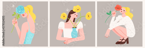Set of beautiful girls holding spring flowers. Vector illustration of the women in bloom concept. Hand drawn elements in colorful trendy style.