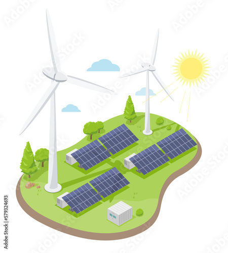 Windmill wind energy and Solar plant Green power eco technology symbols concept Electricity illustration isometric isolated vector